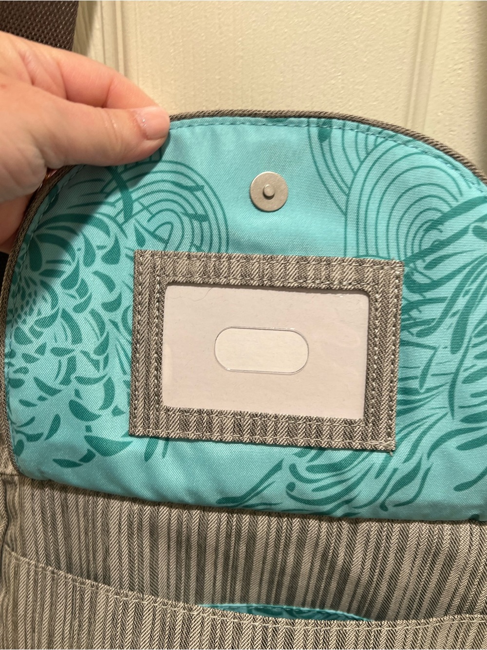 Haiku Jaunt Crossbody Purse in a Gray Striped Pattern. - Picture 3 of 10